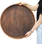 Extra Large Round Ottoman Table Tray Round-24 - Rustic Wooden Serving Tray for Farmhouse Decorative Oversized Coffee Table Trays Living Room Kitchen Counter Breakfast Brown