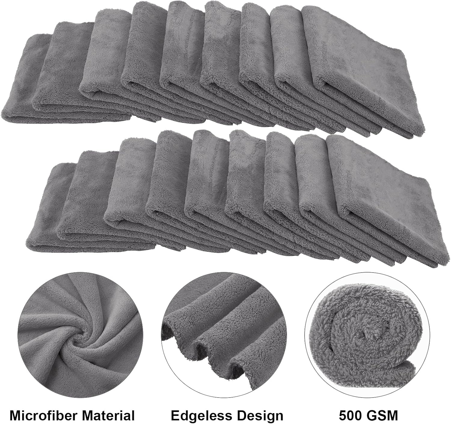 Shimeyao 30 Pcs Edgeless Microfiber Plush Towels for Cars Detailing Drying Wash Polishing Absorbent Cleaning Cloths, 500 GSM, 16 x 16 Inch(16 x 16 Inch,Gray,30 Pcs)