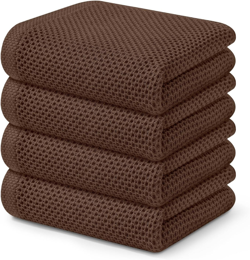 Kitinjoy 100% Cotton Waffle Weave Kitchen Towels (13 X 28 Inches, Coffee), 4-Pack Super Soft and Absorbent Dish Towel for Drying Dishes, Kitchen Hand Towels