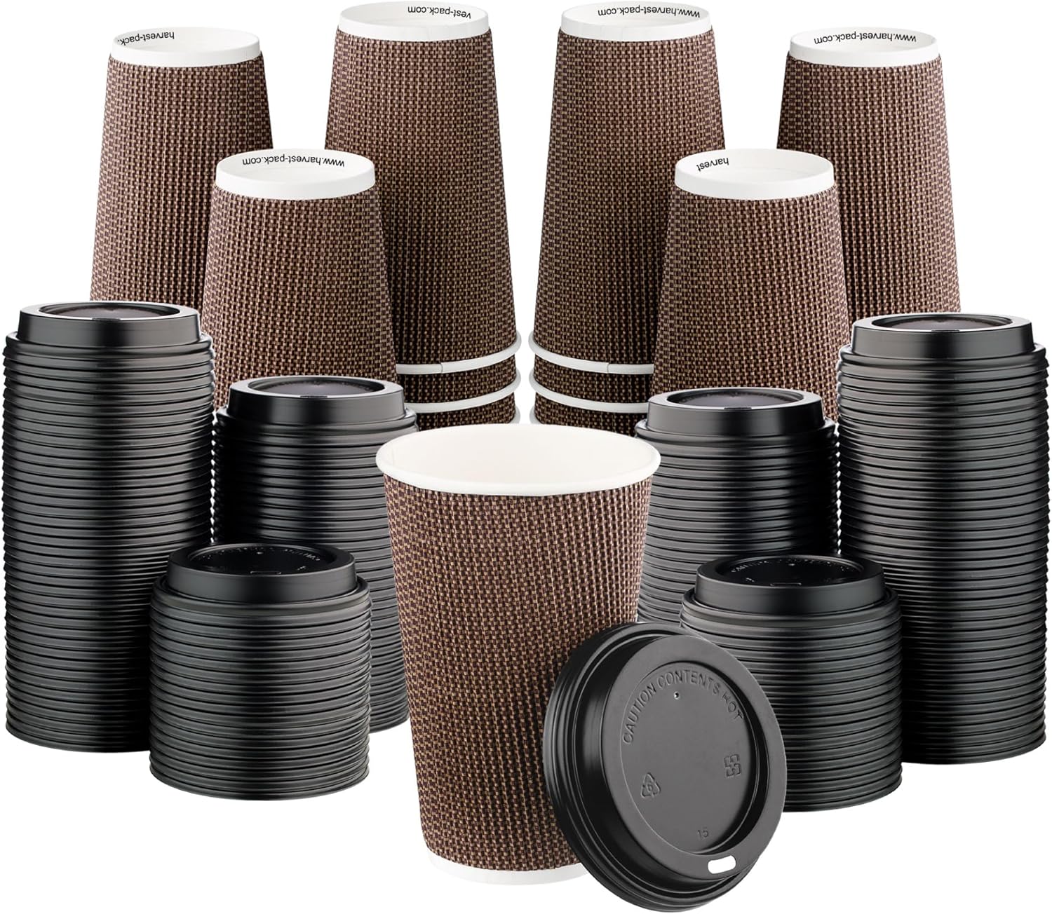 [340 SET]Harvest Pack 16 oz Disposable Coffee Cups, Insulated Ripple Double-Walled Paper Cups with Lids, Brown Geometric, Bulk Drinking Cups for Tea Hot Chocolate Drinks To go coffee cups