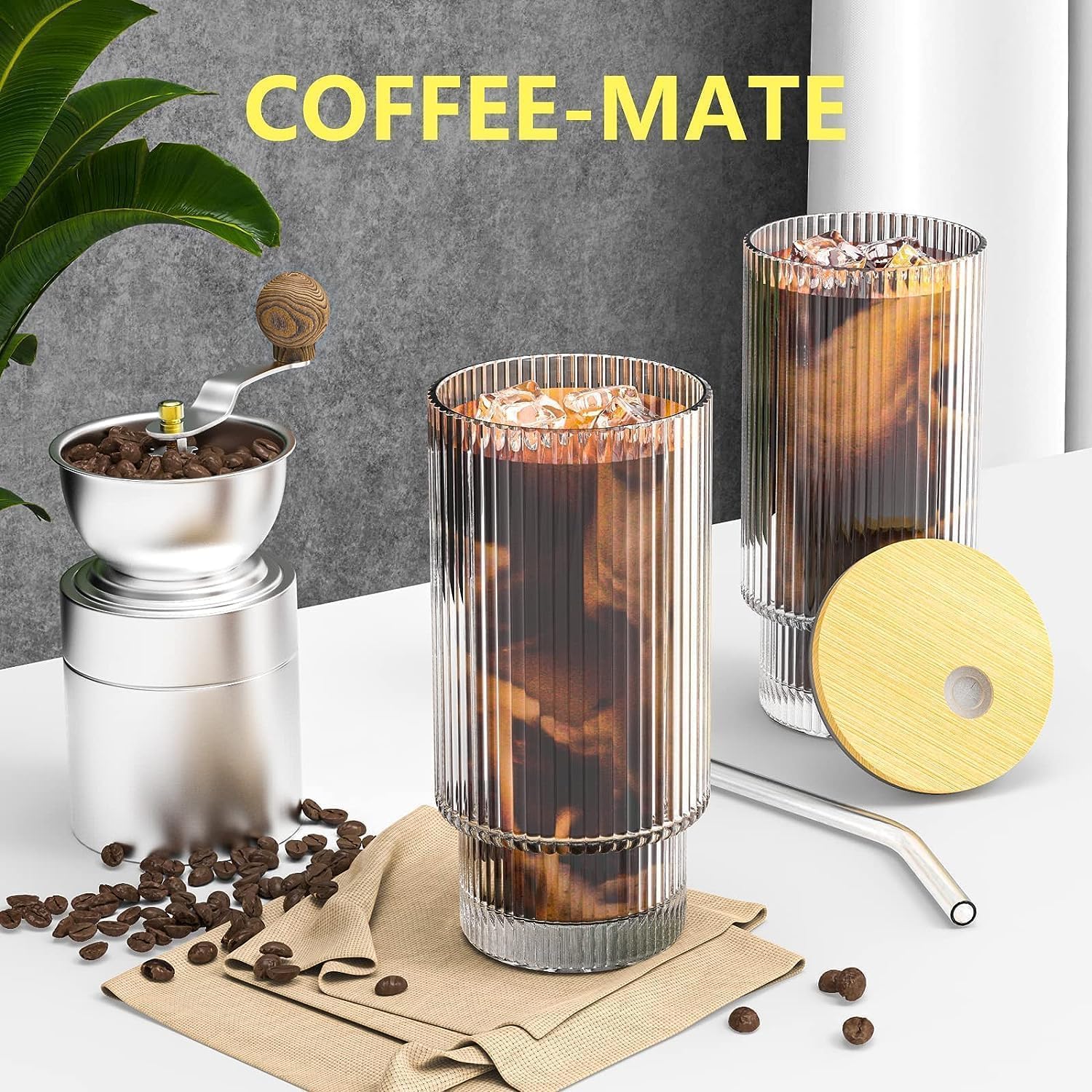 16Oz Glass Cups, 6Set Glass Tumbler with Straw and Lid, Vintage Glassware for Whiskey Cocktail Beer, Iced Coffee Cups with Lid (6 PACK)