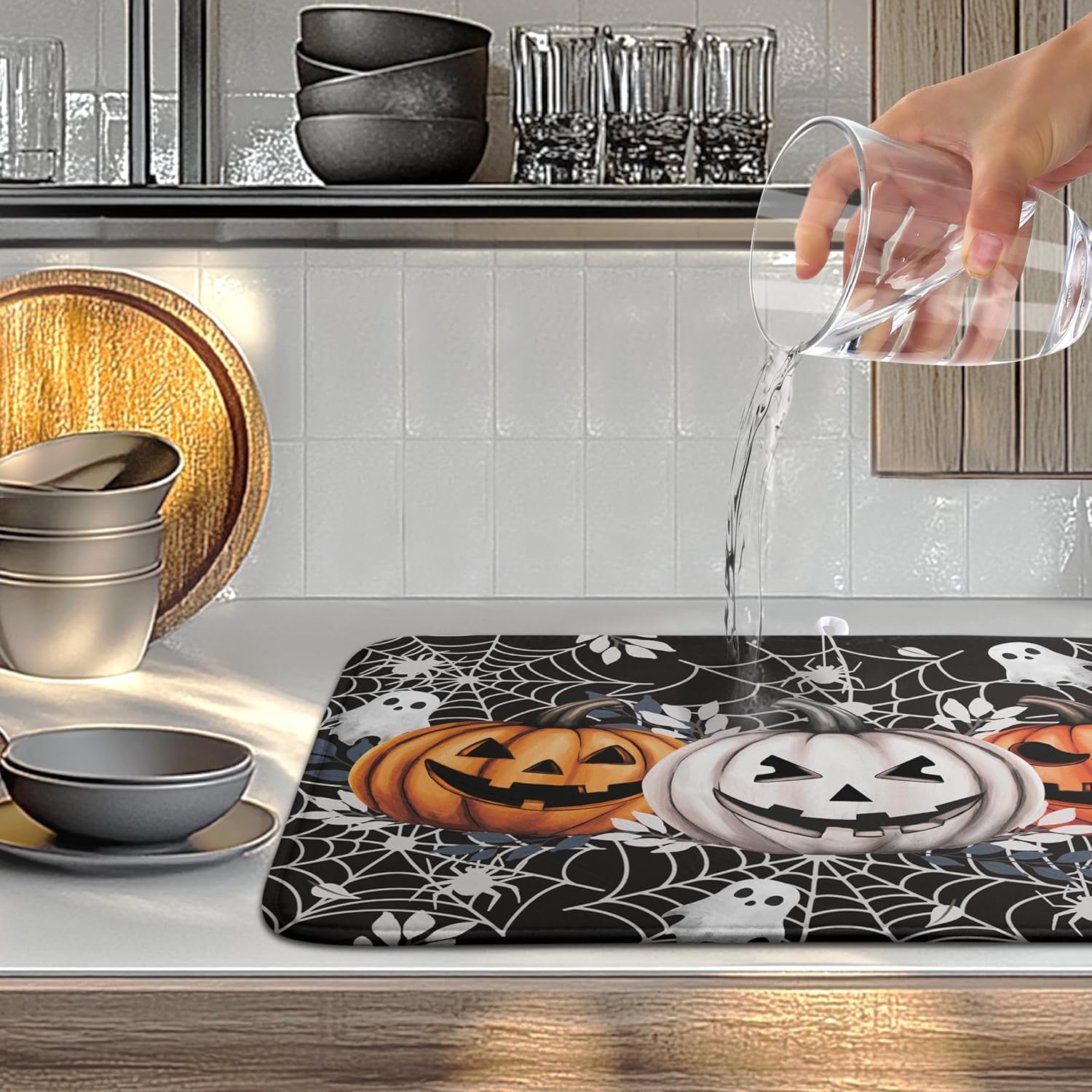 Halloween Pumpkin Dish Drying Mats Spooky Ghost Dish Mat Kitchen Spiders Large Drying Matt Dishes Dryer Pad for Kitchen Counter Absorbent Microfiber Washable Foldable Reusable 18x24 in