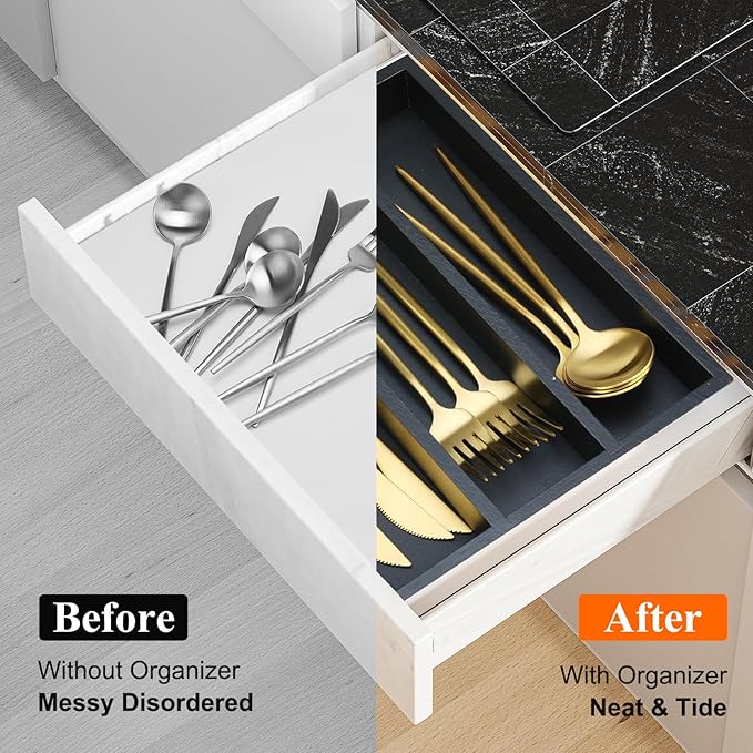 Small Silverware Drawer Organizer Kitchen Utensils Bamboo Cutlery Tray Narrow Flatware Organizer For Drawer Skinny Spoon Fork Holder Drawers Slim Silverware Tray Black Flatware Cutlery Organizer