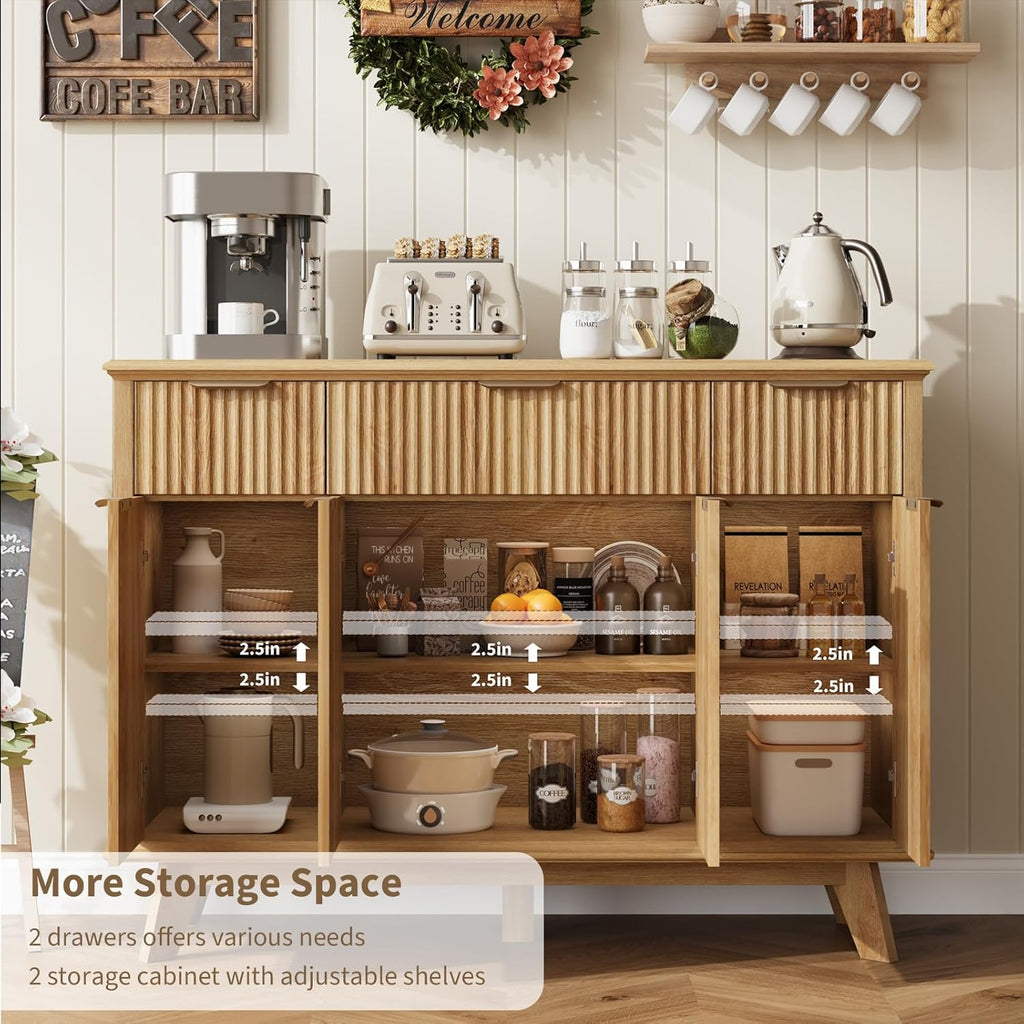 QUW Fluted Sideboard Buffet Cabinet with Charging Station, 47.2" Kitchen Storage Cabinet with Drawers and Adjustable Shelves, Modern Coffee Bar Kitchen Table for Dining Room, Living Room, Natural Oak