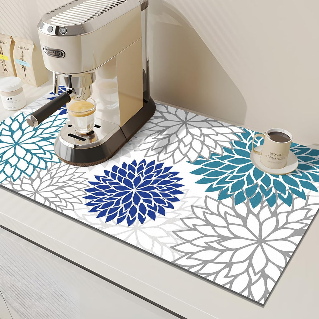 Findosom 2PCS 12" x 20" Dish Drying Mat & 24" x 5.5" Sink Splash Guard, Super Absorbent & Cuttable Dish Mat Drying Kitchen Mat with Blue Floral, Hide Stain Drying Mat for Kitchen Counter