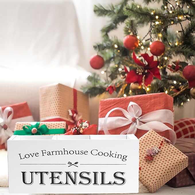 Kitchen Utensil Holder,Farmhouse Wooden Utensil Holder For Kitchen Counter,Extra Large Cooking Spatula Organizer,Big Storage With 4 Compartments Flatware Spoon Tool Cutlery（White）