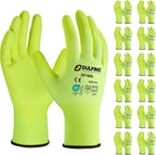 DULFINE Work Gloves for Men and Women,Hi-Vis Yellow Knit Nylon Glove with MicroFoam Nitrile Coated-12 Pairs Pack,Ideal for General Purpose,Automotive,Home Improvement,Painting(Small)