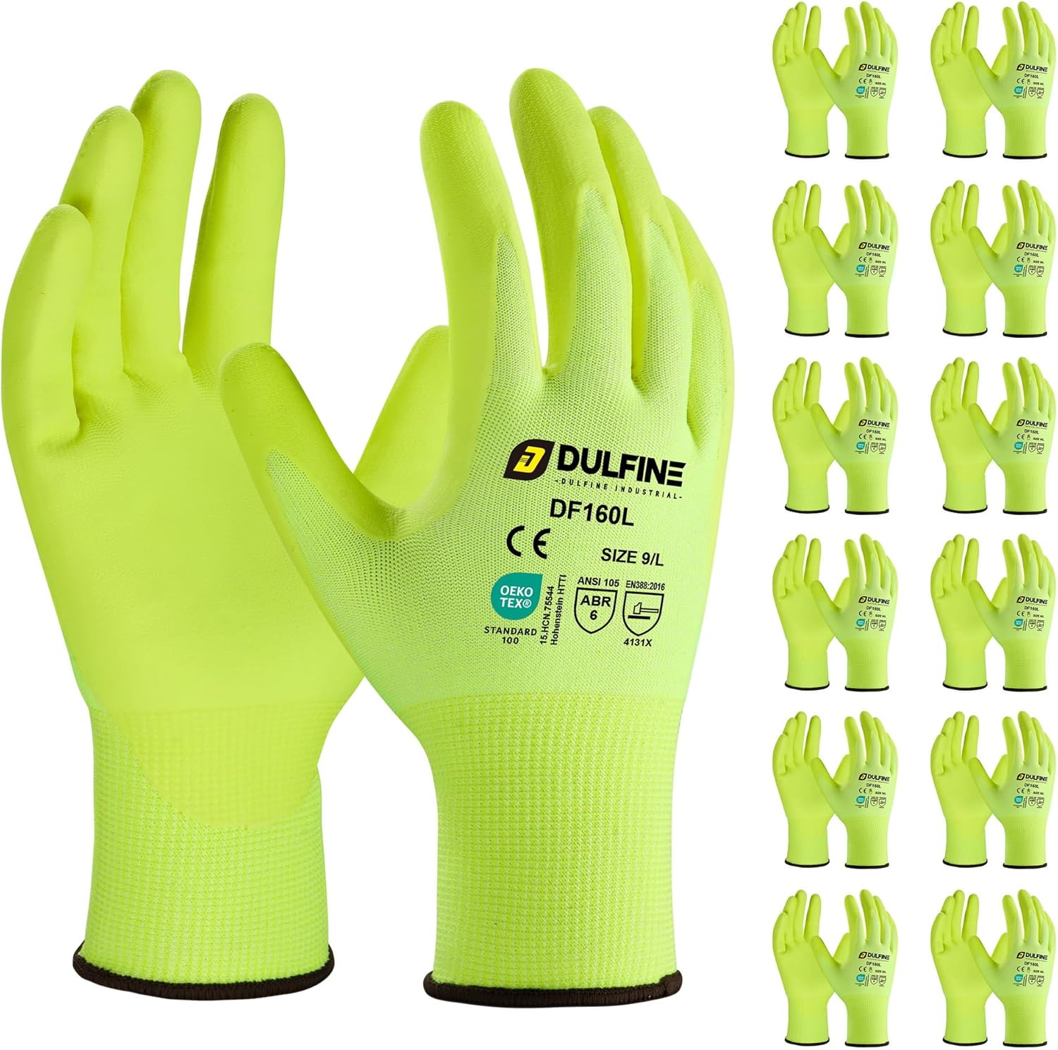 DULFINE Work Gloves for Men and Women,Hi-Vis Yellow Knit Nylon Glove with MicroFoam Nitrile Coated-12 Pairs Pack,Ideal for General Purpose,Automotive,Home Improvement,Painting(Small)