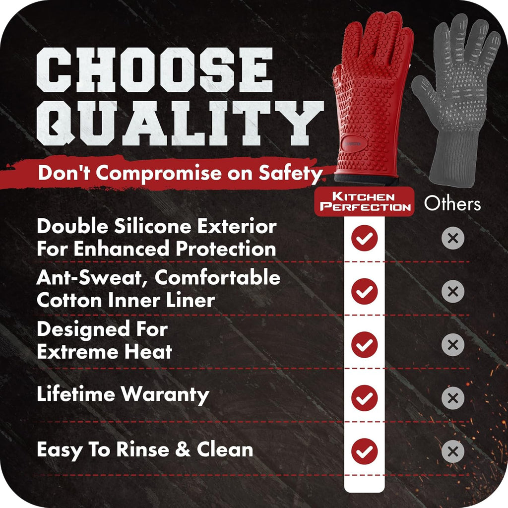 KITCHEN PERFECTION XL Silicone Smoker Oven Gloves-Extreme Heat Resistant BBQ Gloves-Handle Hot Food Right on Your Grill Fryer&Pit|Waterproof Grilling Cooking Baking Mitts|Superior Value Set+3 Bonuses