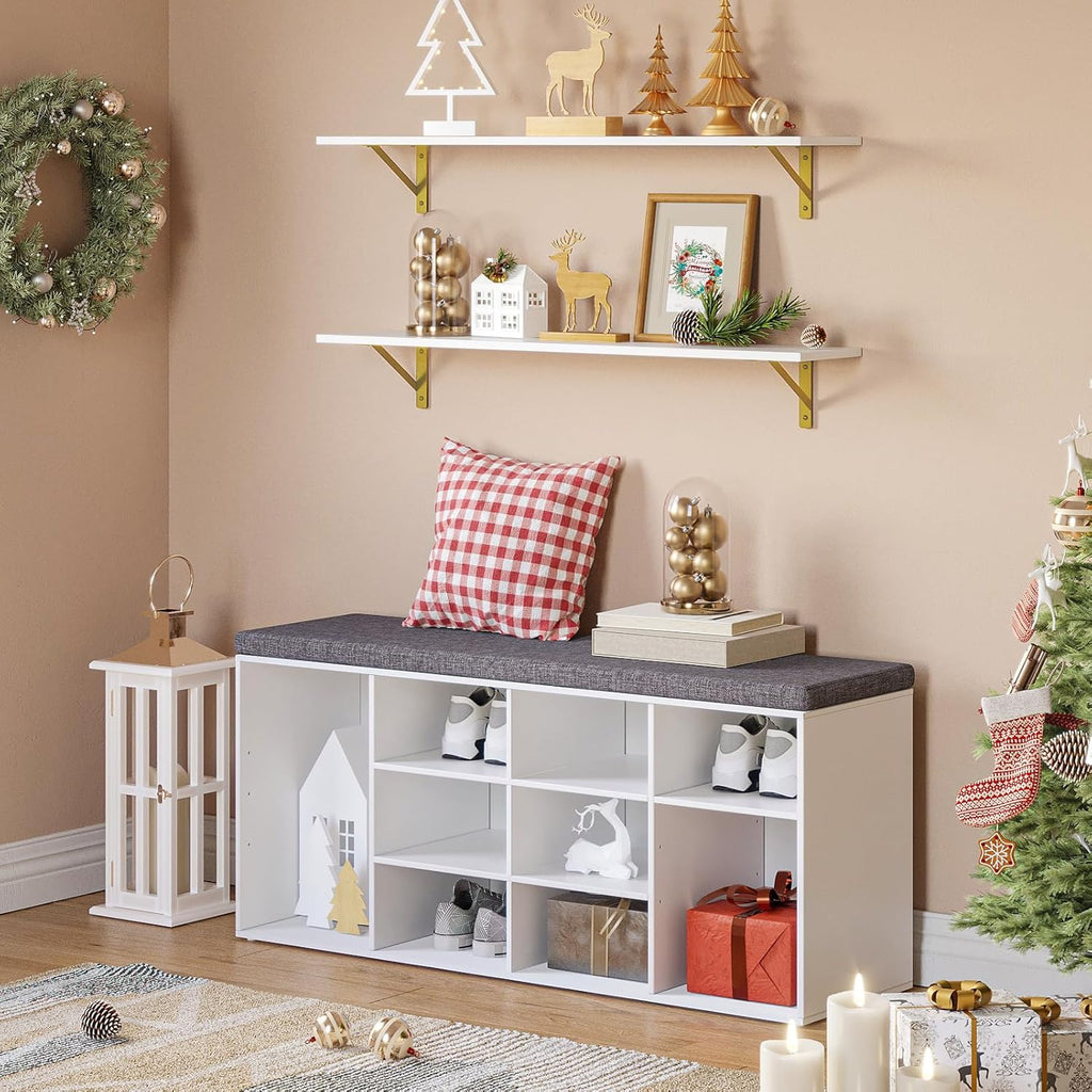 DINZI LVJ Long Wall Shelves, Set of 4, 39.4Inch Wall Mounted Shelves, Floating Shelves for Wall Storage with Metal Brackets, for Living Room, Bathroom, Bedroom, Kitchen, White and Gold