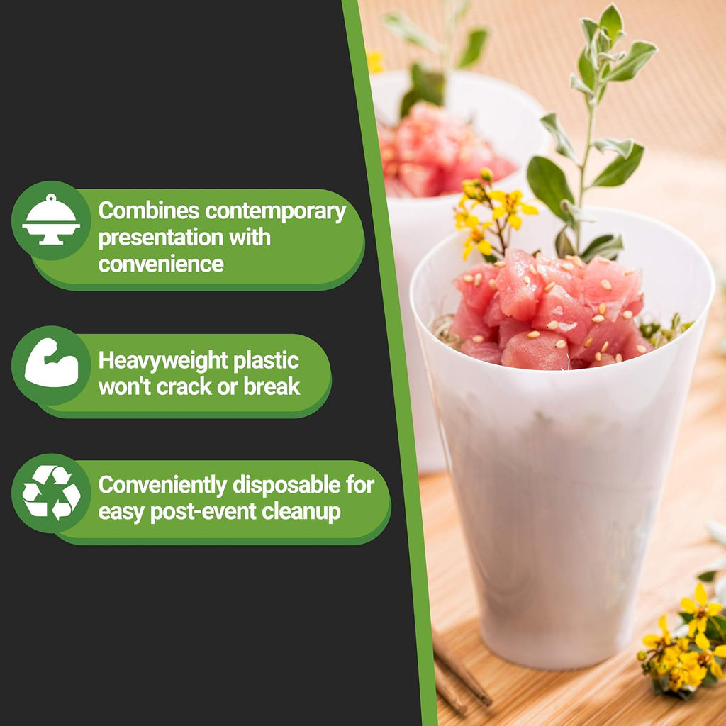 Restaurantware 7 Ounce Plastic Glasses 100 Round Incline Shooter Cups- Disposable Small White Plastic Round Bowls Unique Design For Soups Appetizers Or Desserts