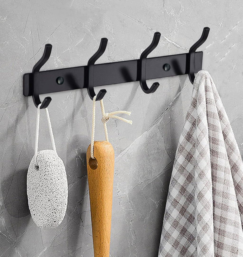 Wall Hooks Heavy Duty, 12 Inch Coat Rack Wall Mount with 4 Hooks, Black Wall Hooks for Entryway, Bathroom - for Hanging Backpack, Bag, Coat, Purse, Hat, Towel, Clothes,2 Packs