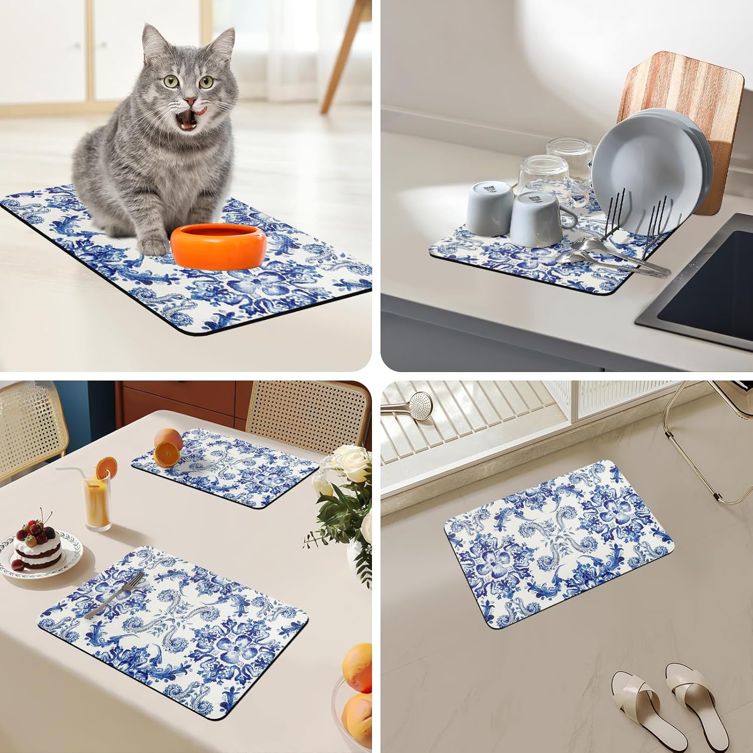 Bloss Dish Drying Mat, 12.2"x19.7" Absorbent Coffee Bar Mat with Waterproof Rubber Back, Fit Under Coffee Maker Machine/Kitchen Counter(Ink Cyan Flower)