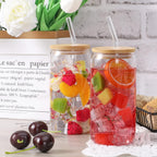 Glass Cups with Lid and Straw, 16oz Beer Glasses Glass Coffee Cups, Iced Coffee Cups with Lid, Glass Tumbler with Straw and Lid (8 PACK)