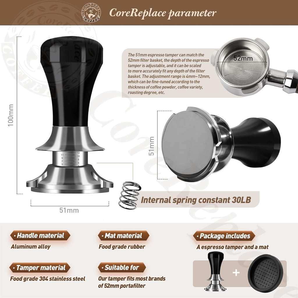 Newest 51mm Espresso Coffee Tamper Adjustable Height with Scale, 30lbs Springs Tamping Strength, Stainless Steel Flat Base, with Mat