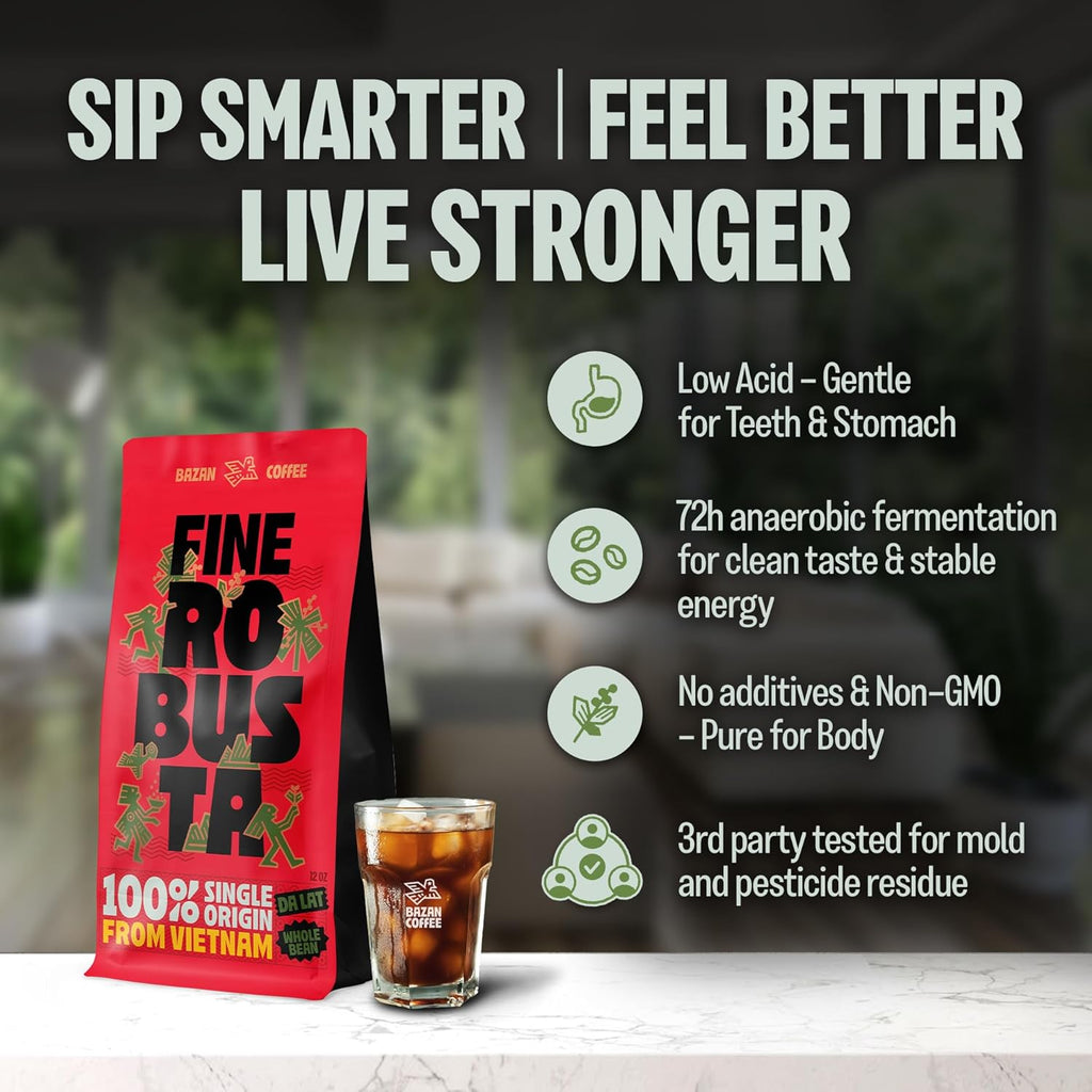 BAZAN COFFEE Fine Robusta Vietnam, Notes of Durian, Honey & Caramel, Organic Whole Bean, Medium Roast, Naturally Fermented 72H Anaerobic, 12oz