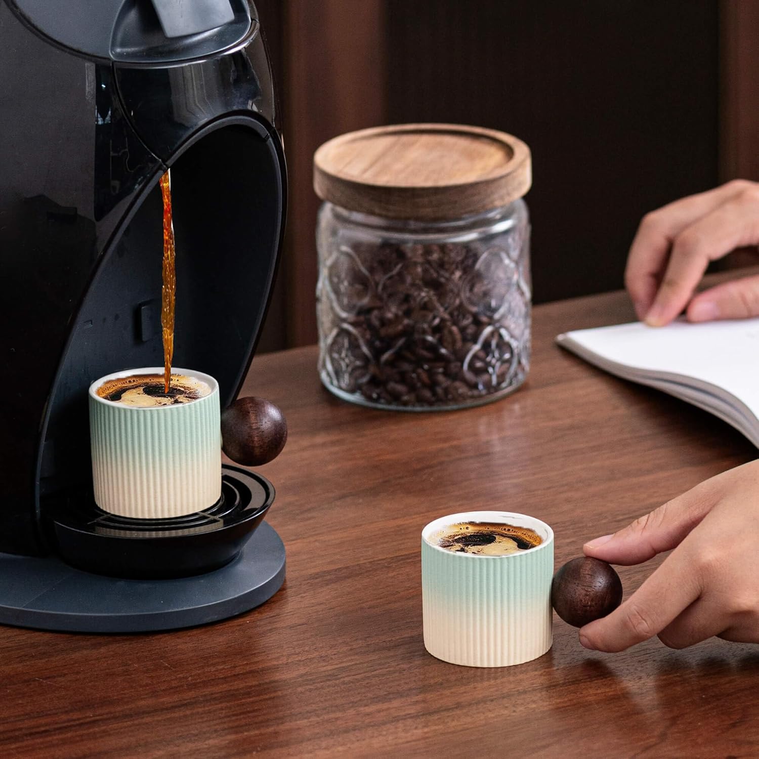 Ceramic Mini Espresso Cups Demitasse Cups with Round Wooden Handle Vertical Stripes Tea Cups (Beige&Green, 4pcs)