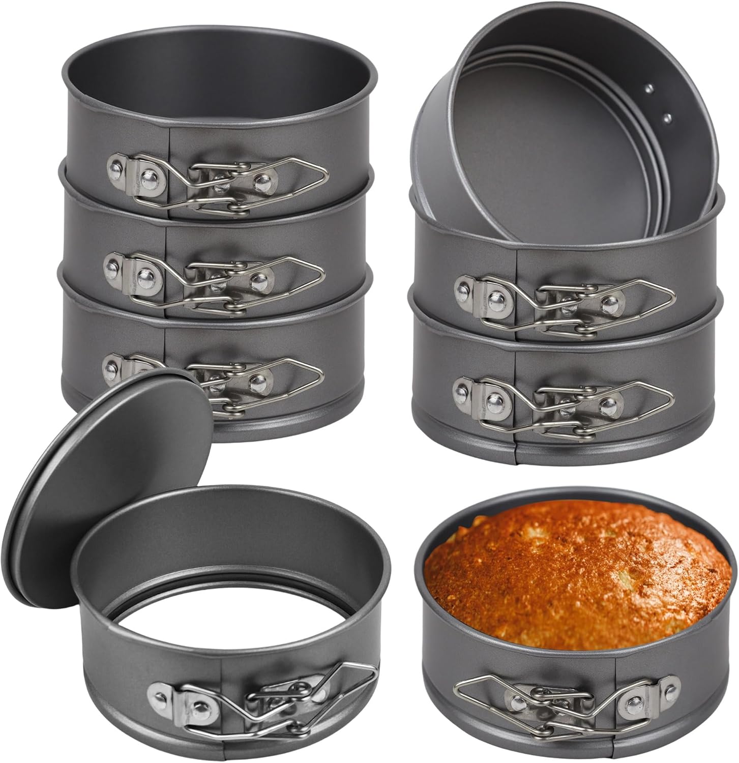 8 Pcs Mini Springform Cake Pans, 4.7 Inch Nonstick Round Cake Tin with Removable Bottom, Small Cheesecake Pans for Baking, Pizzas Quiches (Dark Grey)