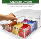 Acrylic Tea Station Organizer for Countertop - Tea Bag Organizer Drawer, Clear Lucite K Cup and Coffee Pod Storage box with 8 Compartments, Tea Caddy Creamer Holder Display Stand