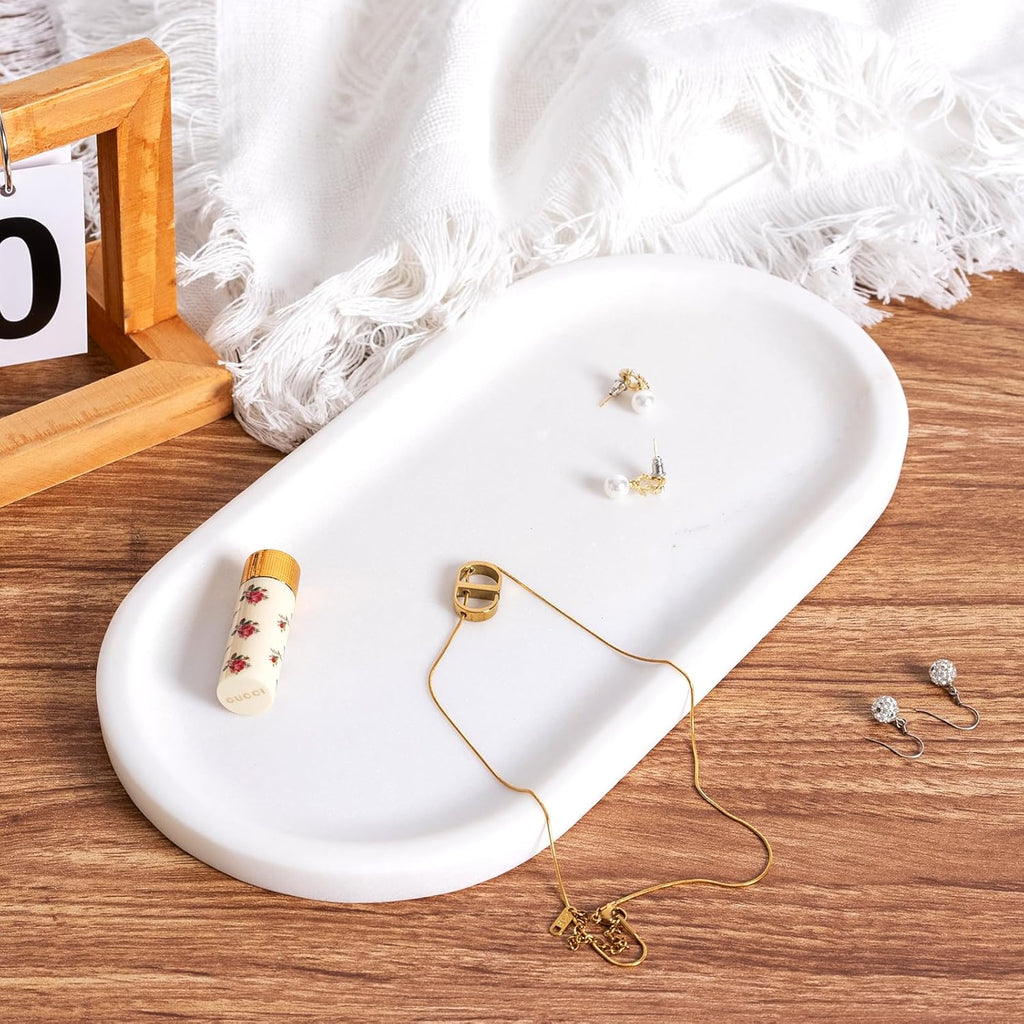Koville Natural Marble Tray for Bathroom Decor Countertop, Vanity Tray Italy Oval Stone Trays for Candles Perfume, Storage Trays for Cosmetics, Jewelry, Decorative Tray for Dresser Organizer(White)