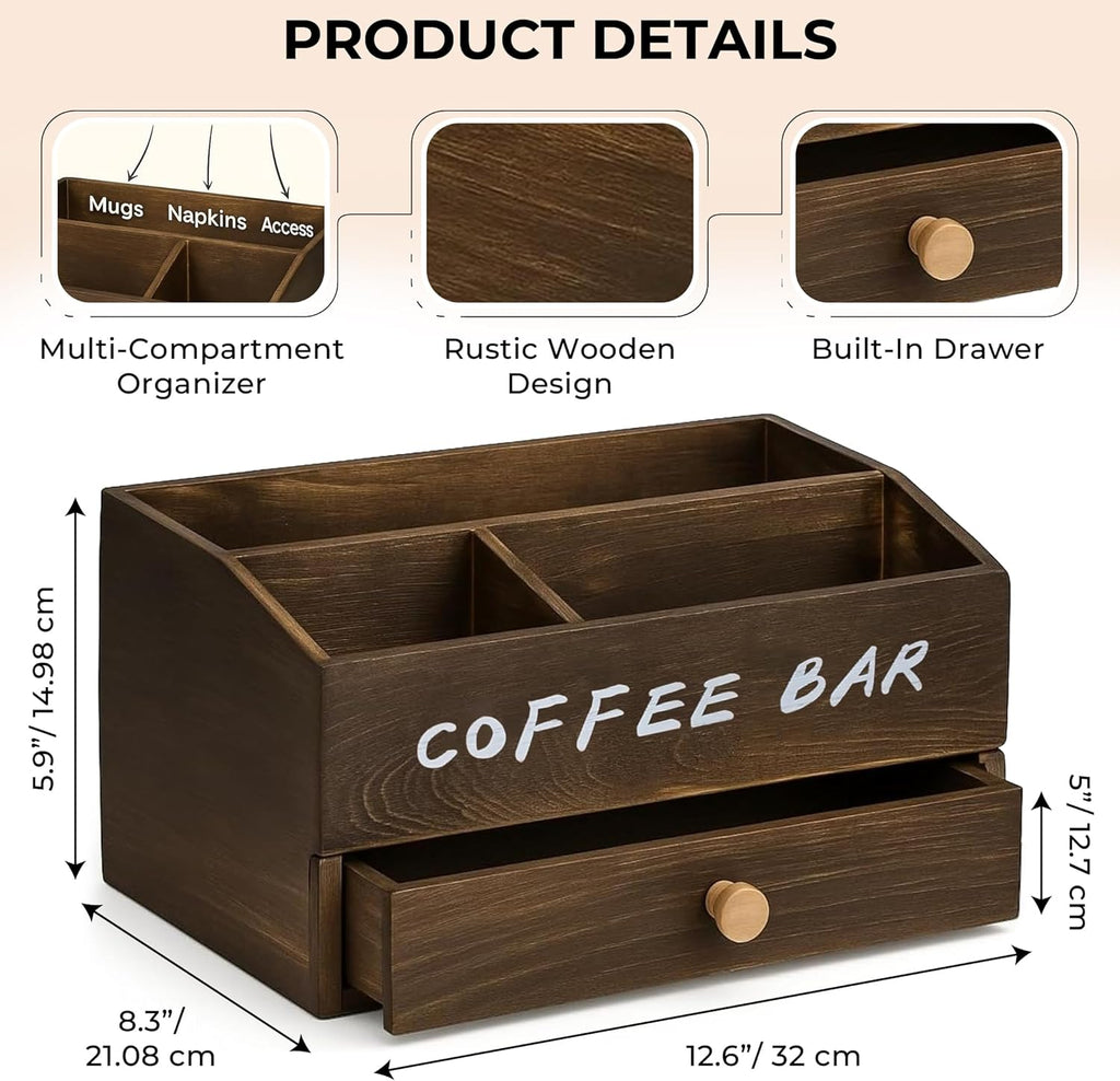 Coffee Station Organizer for Countertop with Pod Storage Drawer - Coffee Bar for Home, Kitchen, Dining Area, Office & Breakroom - Natural Wood, 3 Compartments, 2-tier, Rustic Brown