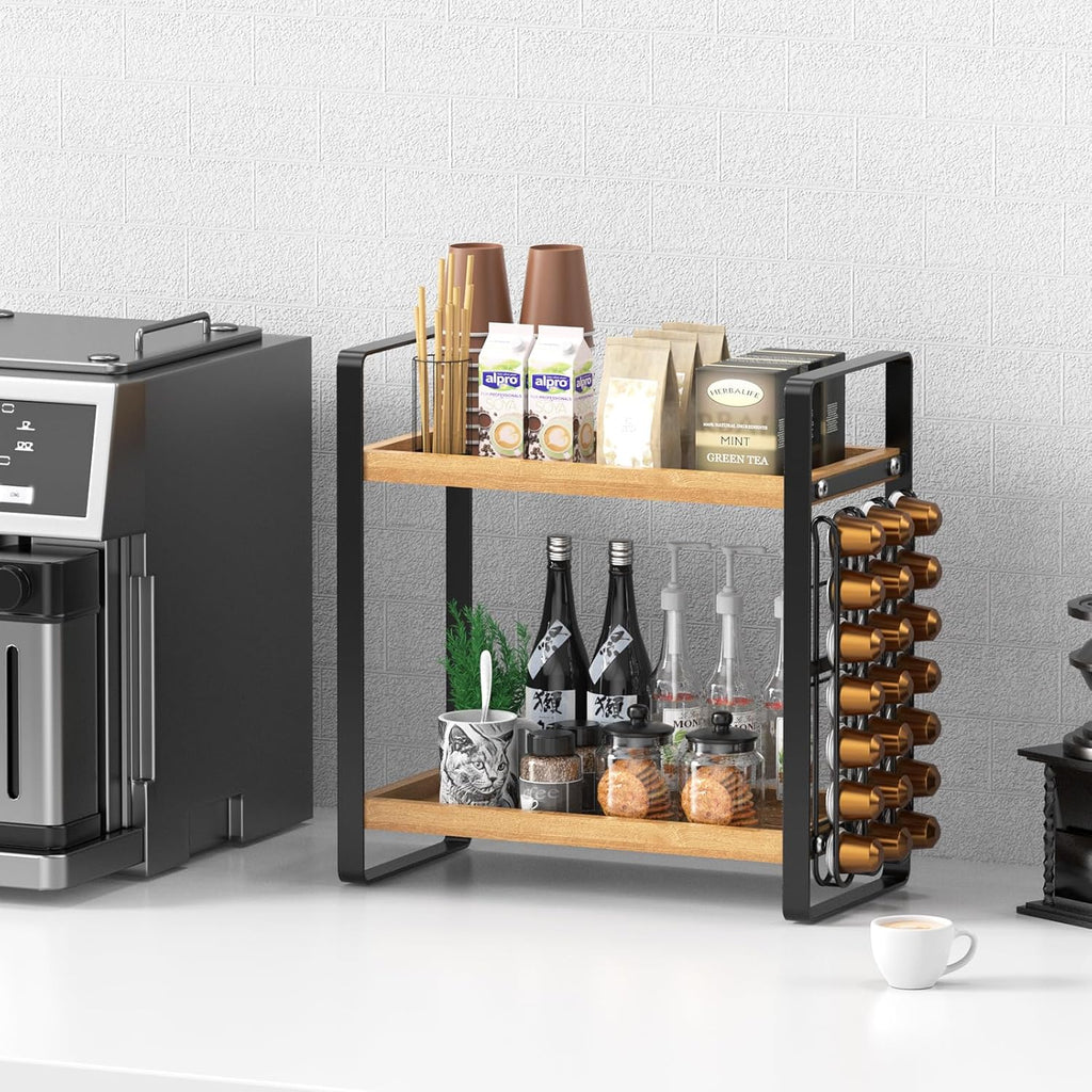 LEMIKKLE Coffee Station Organizer,Compatible with Nespresso Classic Pods 24pcs, Coffee Bar Accessories and Cup Storage Organizer, Wood Counter Shelves for Kitchen, Office, Countertop