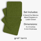 Graf Lantz - Bierfilzl Merino Wool Square Coasters Set of 4 - Loden Green (4"x4"x5mm) - Absorbs 30% Weight, Natural German Wool - Heat Resistant, Sustainable, Reusable - Home Decor, Coffee Table Decor