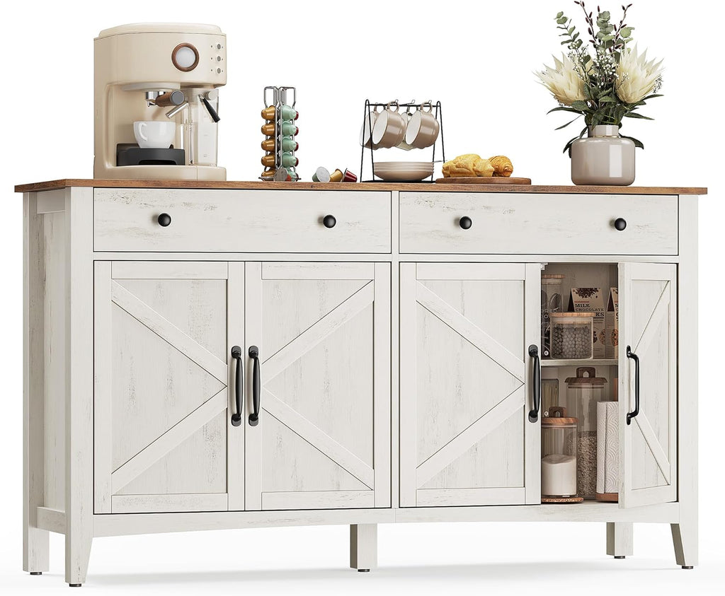 VASAGLE LIRY Collection - Buffet Cabinet, Coffee Bar Cabinet with 2 Drawers, Adjustable Shelves, Sideboard Storage with Cable Holes, Drawer Dividers, Rustic White and Honey Brown UBBK381W01
