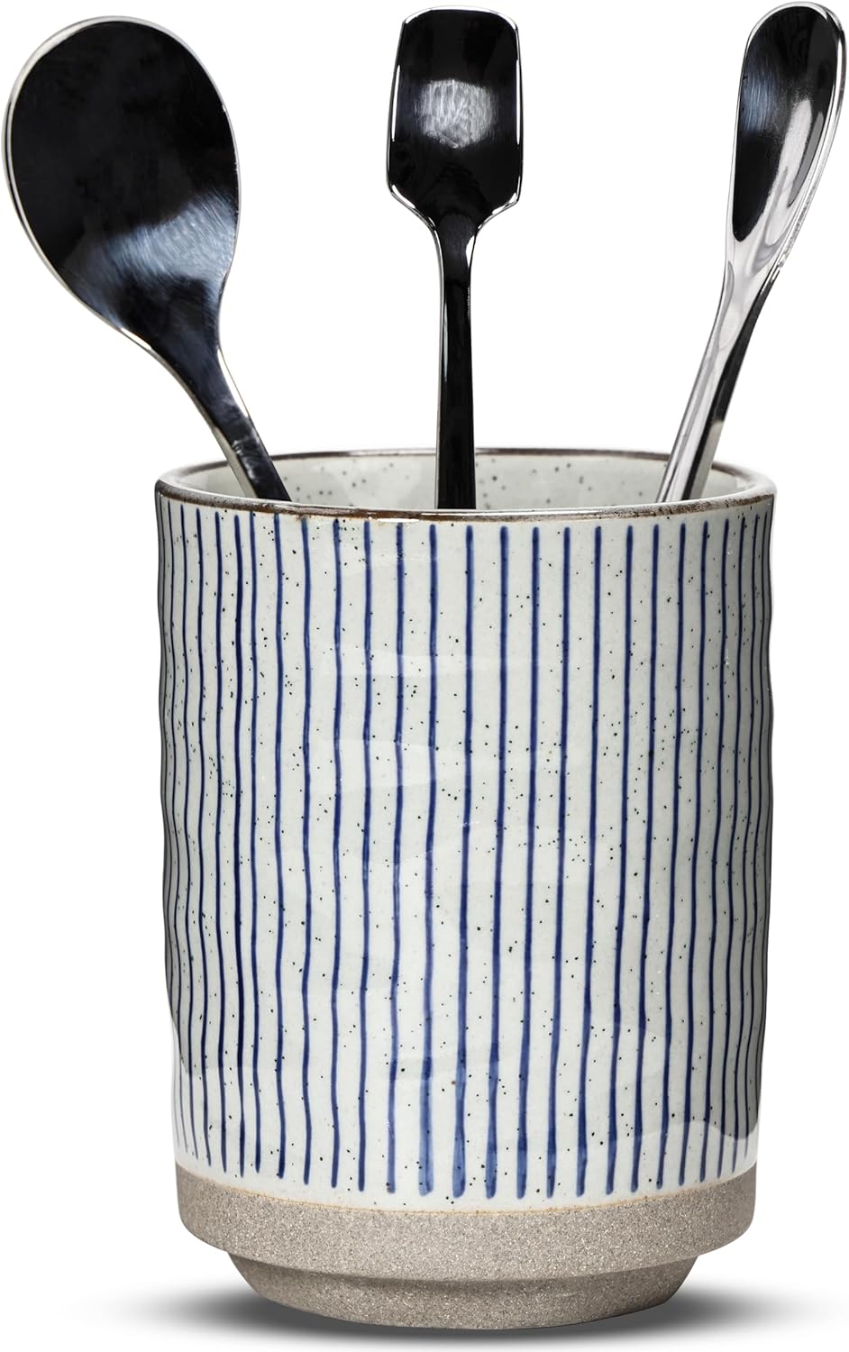 Ceramic Spoon Holder for Coffee Bar, Upright Tea Spoon Holder Cup, Coffee Stirrers Straws Stir Stick Holder, Blue Strips