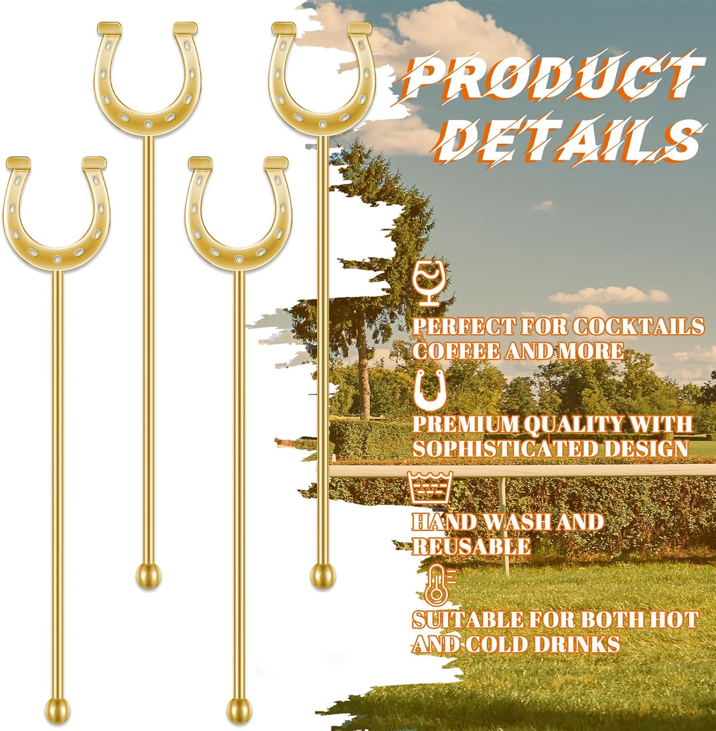 6 Inch Derby Drink Plastic Stirrers Swizzle Sticks for Cocktails Coffee Reusable U Shaped Horseshoe Drink Stirrers for Coffee Beverage Party Bar Weddings Events(Gold,60 Pcs)