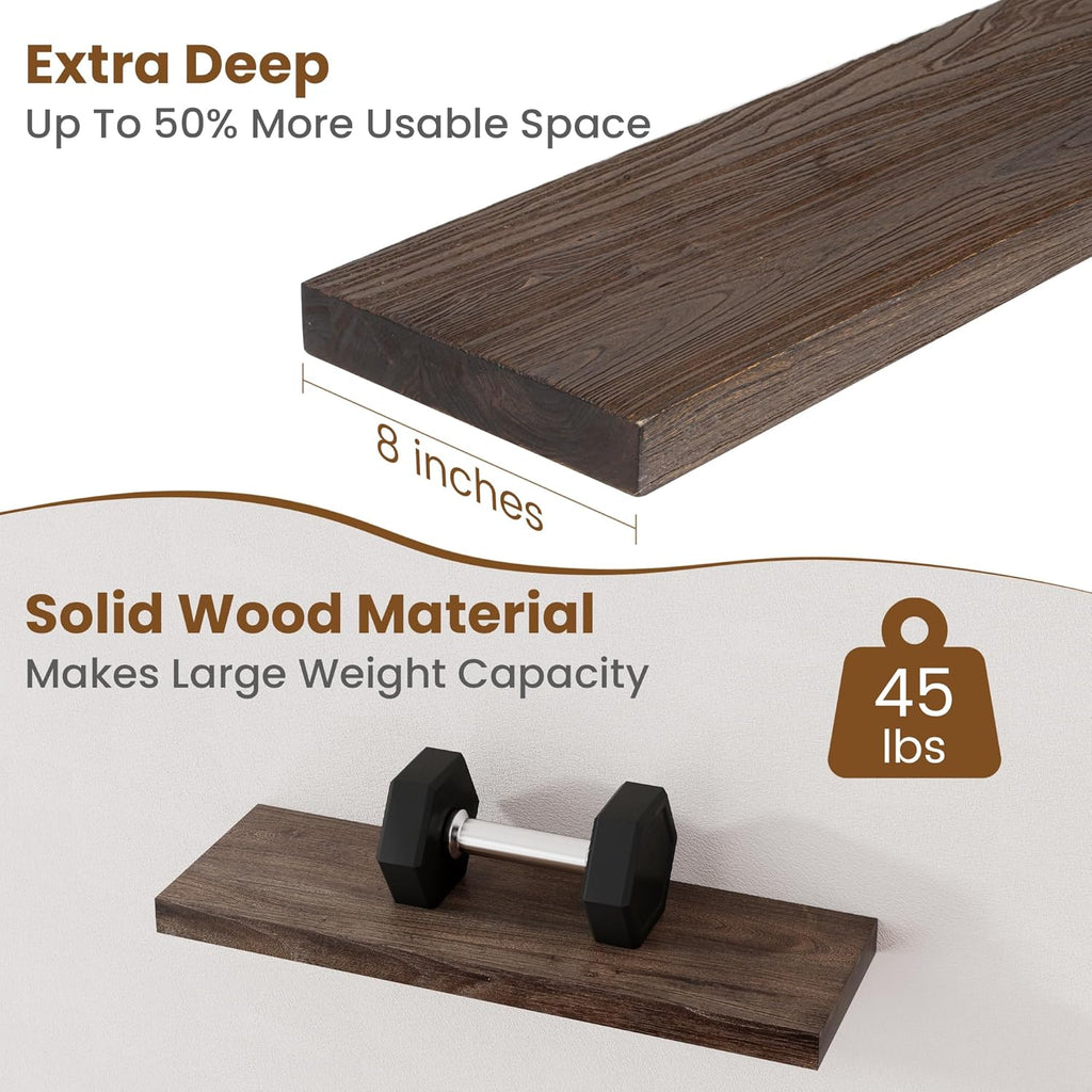 Floating Shelves for Wall Decor, 8 Inch Deep Rustic Solid Elm Wood Floating Shelves Wall Mounted, Wall Shelves with Invisible Bracket for Living Room Bathroom Bedroom Kitchen, 24 Inch Set of 2, Walnut