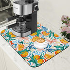 Dish Drying Mat Fruit Orange and Leaves Coffee Bar Mat for Countertop Absorbent Coffee Mat Rubber Backed Hide Stain Dish Drainer Rack Mat Coffee Maker Coffee Pot Dining Room Decor 11.8 x 19.7 Inch