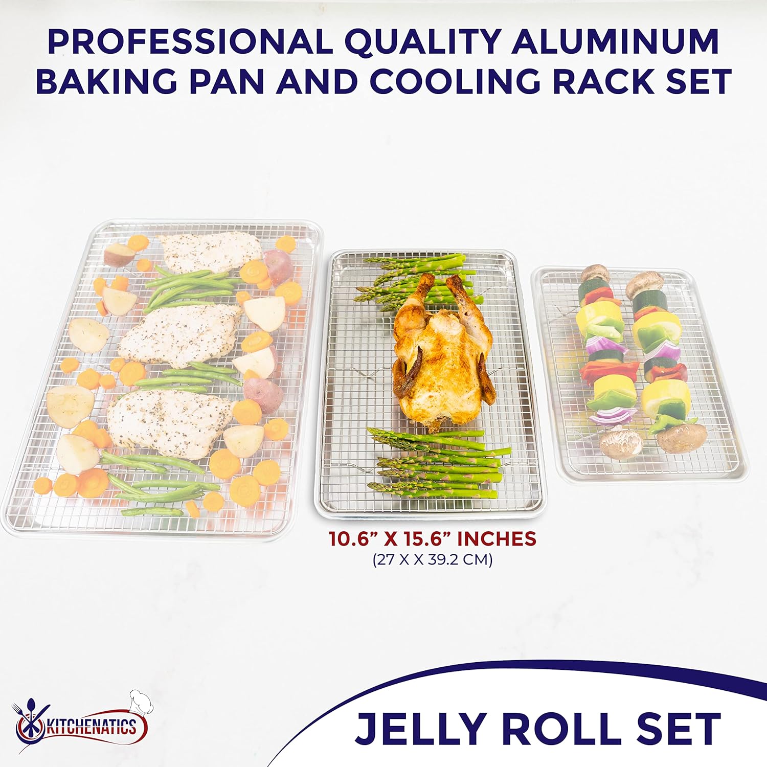 KITCHENATICS Aluminum Jelly Roll Pan 15x10 and Stainless Steel Rack Set, Baking Pan with Rack for Oven Cooking, Baking Sheet with Cooling Rack - Heavy Duty Sheet Pan and Bacon Rack