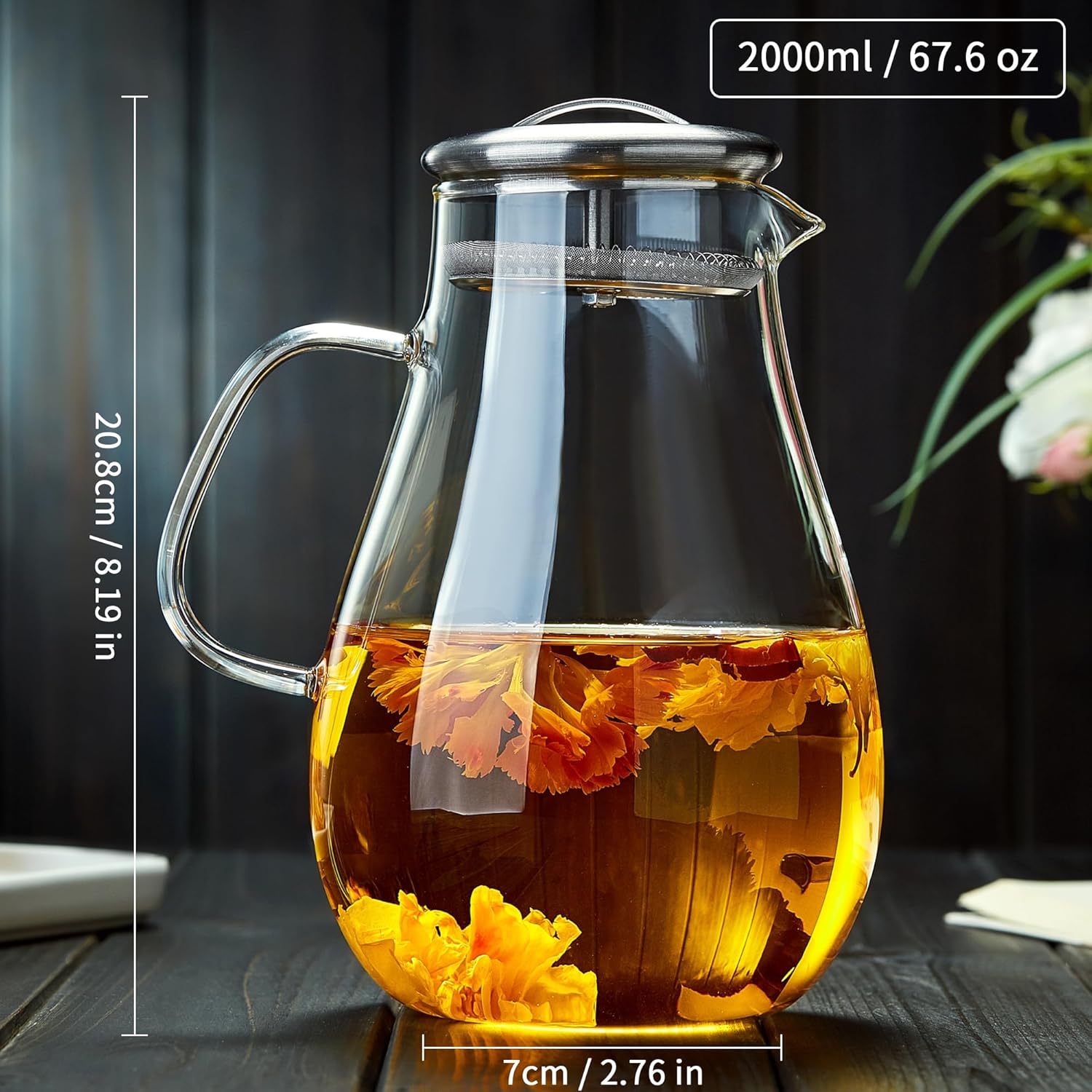 2000ML/68OZ Glass Pitchers with Lid for Hot and Cold Drinking, Heat Resistant Borosilicate Glass Pitcher for Tea, Juice, Milk, Cold Hot Beverages