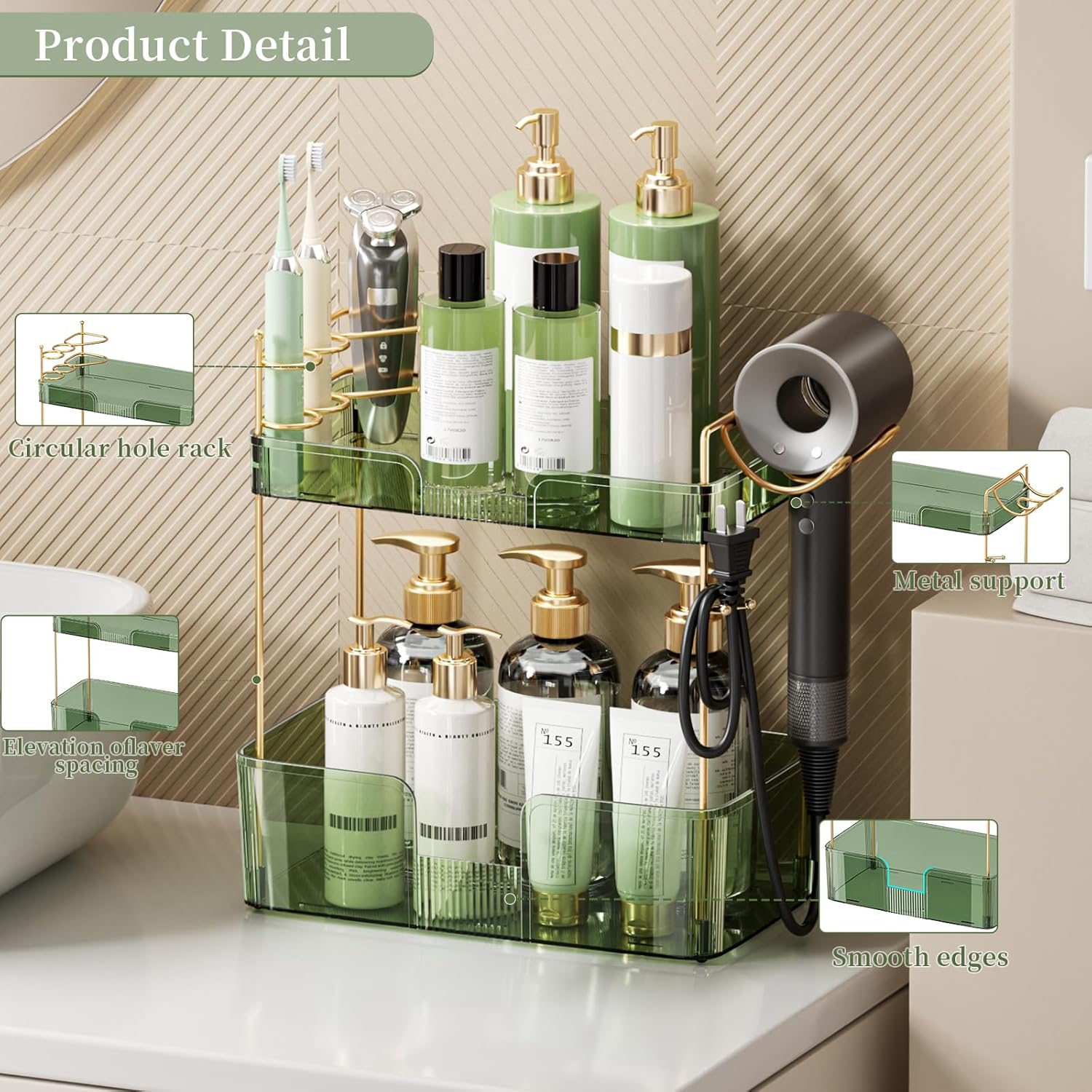 YCIA&DONE Luxury Bathroom Counter Organizer, Large Makeup Organizer Countertop, Shelf Organizer, Vanity Tray, Easily Assemble for Bathroom Organizers and Storage, Undersink, Cabinet, 2 Tiers Green