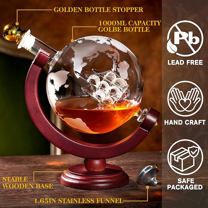PONPUR Whiskey Globe Decanter, Gifts for Men Dad Him Stocking Stuffers, Anniversary Birthday Gift for Husband Boyfriend Brother Grandpa, Unique Housewarming Presents Whisky Bourbon Decanter, 1000ml