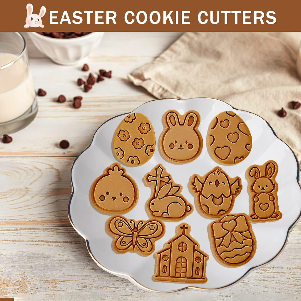 10 Pcs Cookie Cutters Set Cookie Stamps 3D Cookie Stamps for Biscuit Snacks Fondant Cheese Baking Molds for Rabbit Egg Butterfly Church Chick