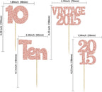 Gyufise 24Pcs 10th Birthday Cupcake Toppers Glitter Ten Vintage 2015 Hello 10 Years Birthday 10 Cupcake Picks Double Digits Cake Decoration for Happy 10th Anniversary Party Supplies Rose Gold