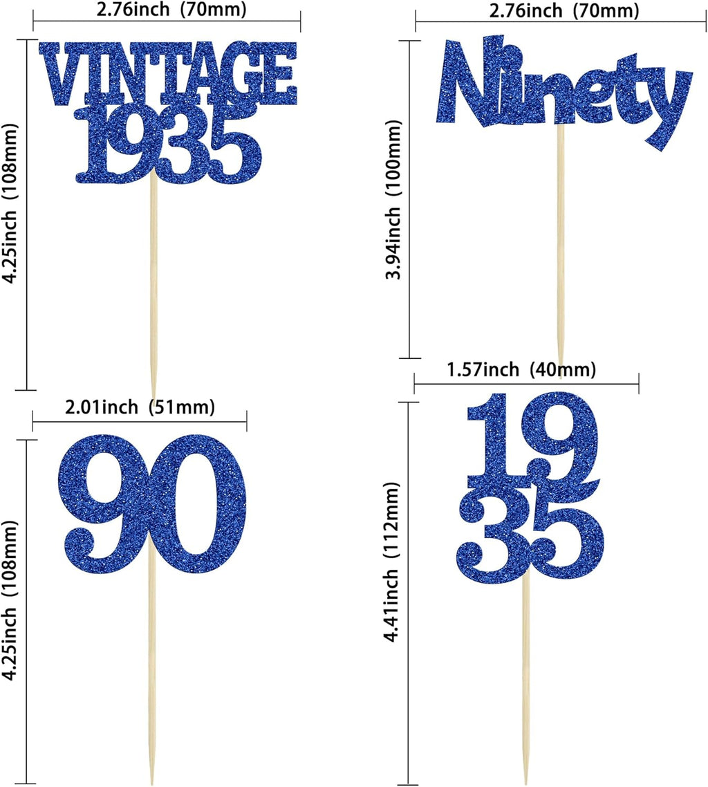 Gyufise 24Pcs Vintage 1935 Cupcake Toppers Glitter Cheers to 90 Fabulous Ninety Cupcake Picks 90th Birthday Wedding Anniversary Party Cake Decorations Supplies Deep Blue