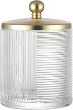 Glass Cotton Jar Holder Matte Gold Lid, Elegant Bathroom Storage Canister for Qtips, Cotton Balls, Floss, Makeup Organizer, Vanity Bathroom Organization