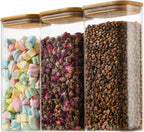 64oz Rectangle Airtight Glass Storage Containers with Bamboo Lids (Set of 3), Square Food Storage Jar, Pantry Organizers for Cereal, Flour, Pasta and Coffee beans (‎with Black Lable)