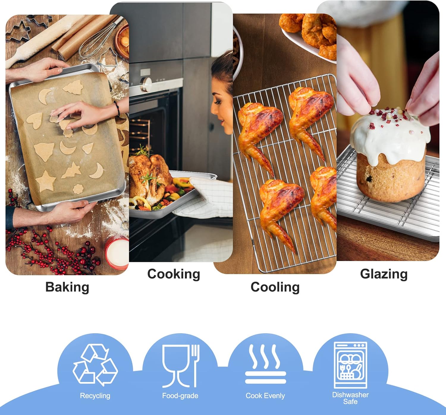 Baking Sheet with Wire Rack Set, Stainless Steel Cookie Sheet Baking Pan Toaster Oven Tray with Cooling Rack, 12.4 x 10 x 1 Inch Quarter Sheet Pan - Non Toxic & Dishwasher Safe