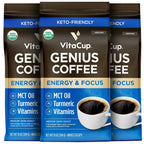 VitaCup Organic Genius Ground Keto Coffee, Increase Energy & Focus w/MCT Oil, Turmeric, B Vitamins, D3, USDA Organic Ground Coffee Medium Dark Roast, 100% Arabica Coffee Grounds, 3 bags, 10 oz each