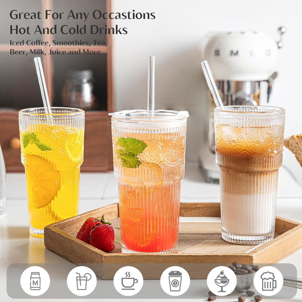 INSETLAN 20oz Ribbed & Floral Glass Tumblers with Lids and Glass Straws, Set of 4 – Iced Coffee Cups, Reusable Drinking Glasses for Water, Smoothies, Tea, and Juice – Perfect for Travel & Daily Use