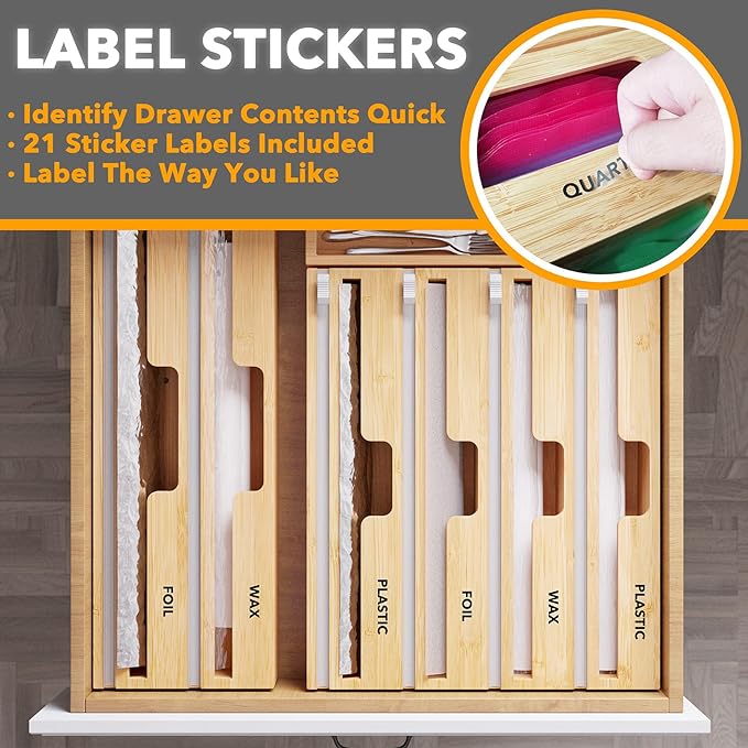SpaceAid WrapNeat 4 in 1 Wrap Organizer with Cutter and Labels, Plastic Wrap, Aluminum Foil and Wax Bamboo Dispenser for Kitchen Storage Organization Holder for 12" Roll (Natural, 4-Slot)