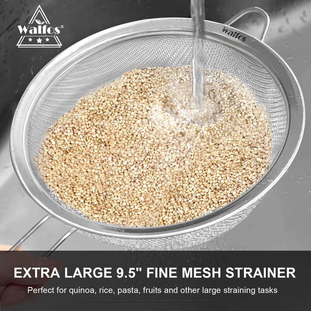 Walfos Large Fine Mesh Strainer 9.5" & 8", Stainless Steel Mesh Sieve with Sturdy Handle, Kitchen Metal Food Strainers for Quinoa, Rice, Pasta, Fruits, Vegetables, etc., Set of 2