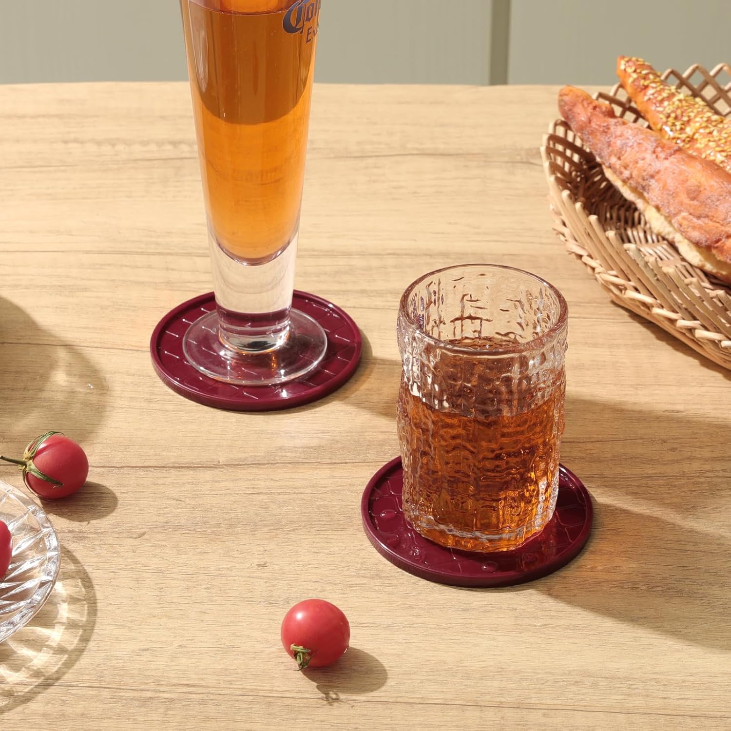 Coasters Set of 8,Hot or Cold Drink Coasters with Holder,Modern Style Coffee Table Coaster,Suitable for Kinds Cups Beer,Drink,Anti-Overflow Tabletop Protection(Wine red, 8pcs)