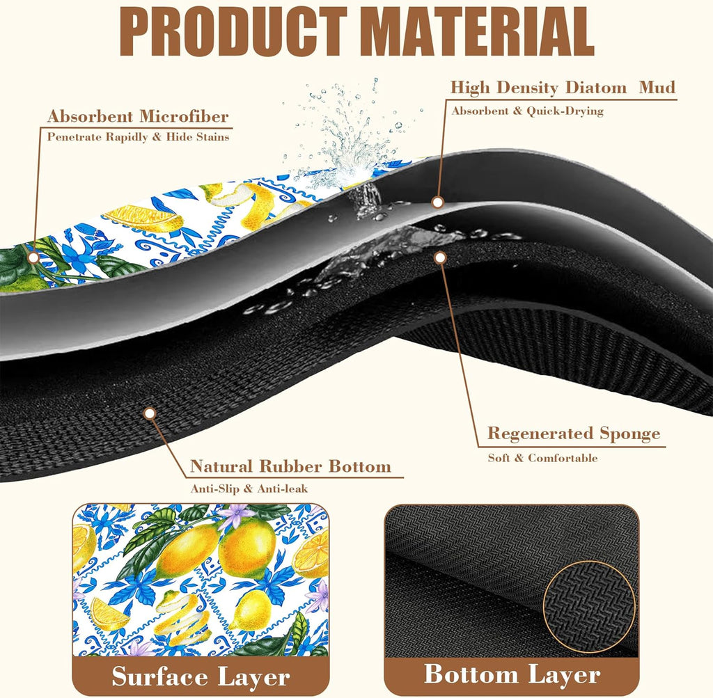 Lemon Fruit and Purple Flower Coffee Mat Absorbent Dish Drying Mat for Kitchen Counter Hide Stain Rubber Backed Coffee Bar Accessories Fit Under Espresso Machine Dish Drainer, 15.7 x 23.6 Inch