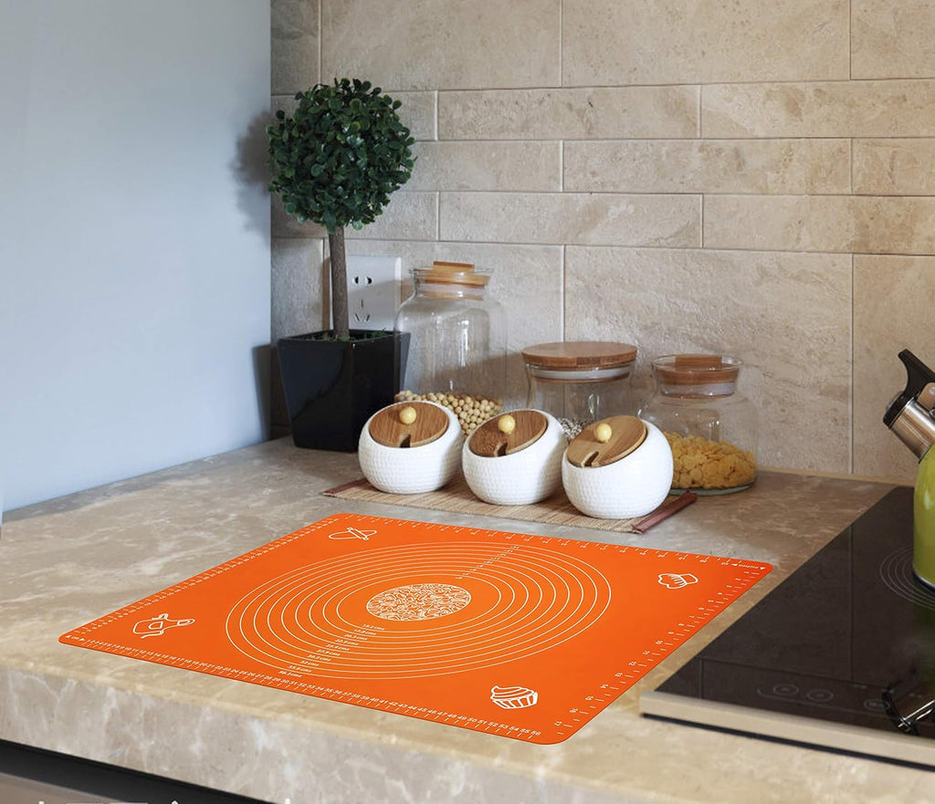 Silicone Baking Mat for Rolling Pastry Dough with Measurements, 25.6 x 17.7 BPA Free Non stick and Non Slip Orange Table Sheet Baking Supplies for Bake Pizza Cake