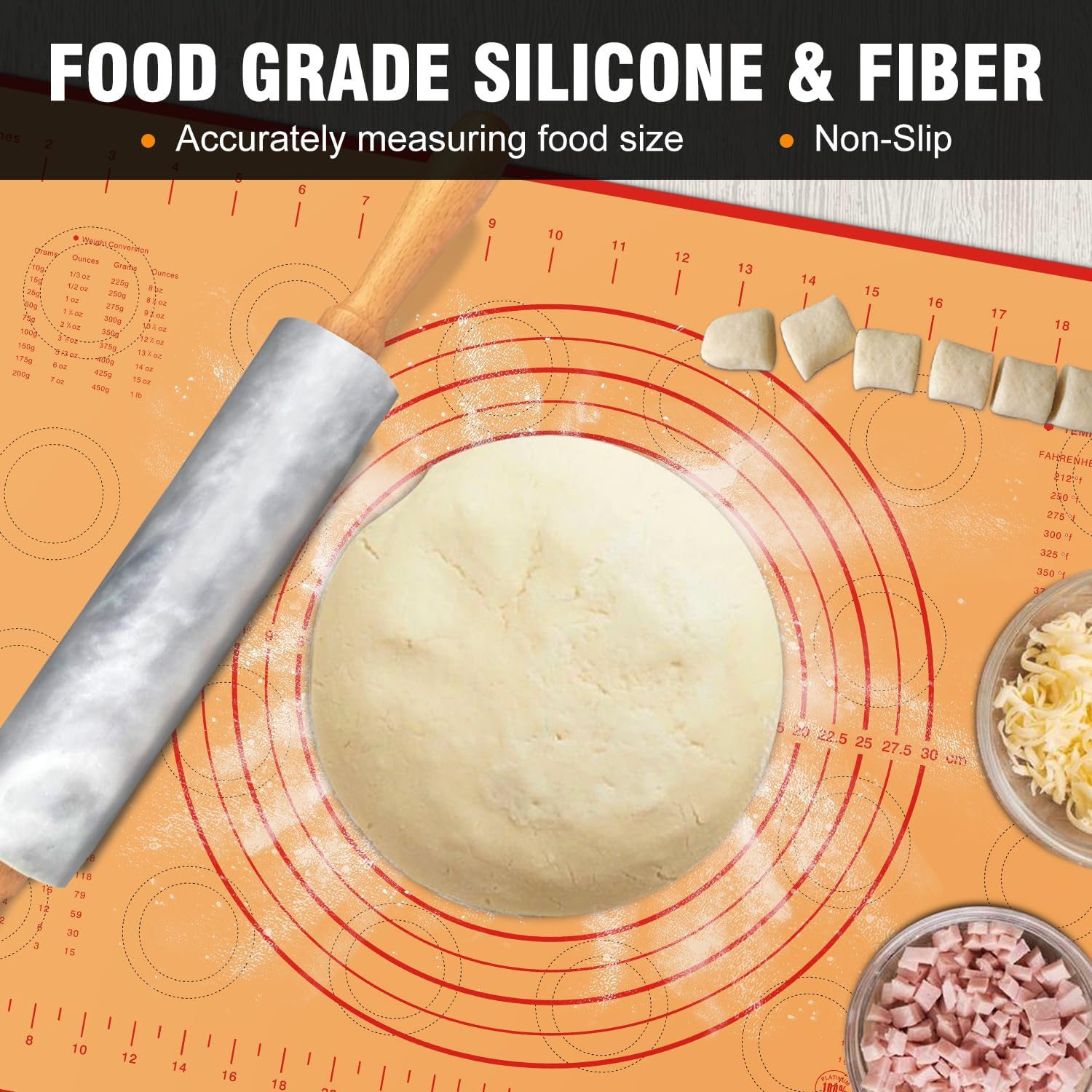 Walfos Marble Rolling Pin Set With Non Stick Silicone Pastry Mat, 16.5 Inch Dough Rolling Pins For Making Pizza, Tortillas And Cookies, Backing Rolling Pin For Pie Crust, Pizza, Pasta (Gray & White)